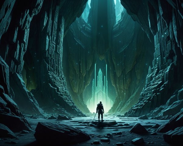 Lone Figure in an Ethereal Cavern with Crystal Structure
