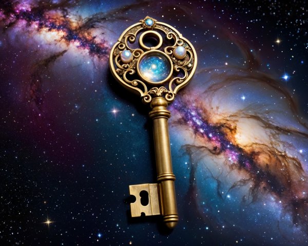 Ornate Golden Key with Gemstones in Cosmic Background