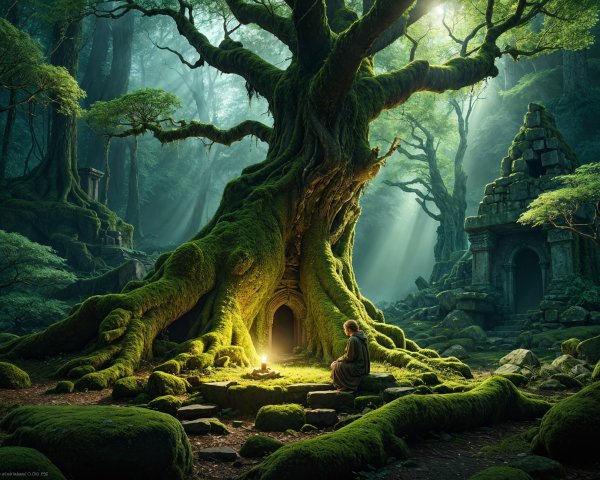 Ancient Tree and Ruins in a Mystical Forest Setting