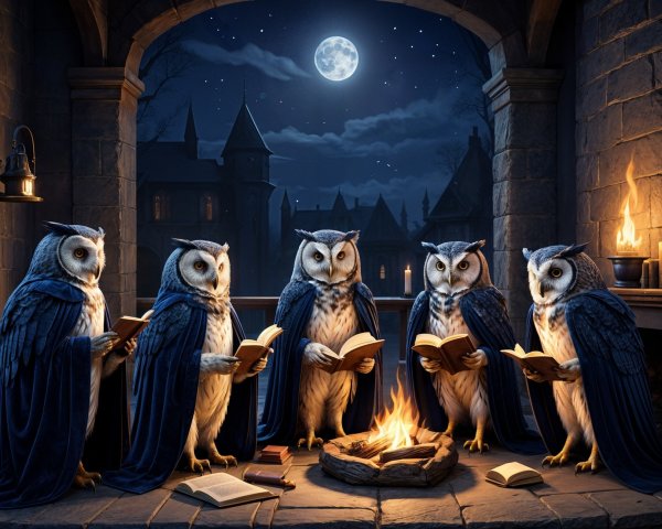 Owls in Blue Cloaks Gather by Campfire at Night