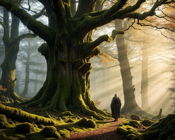 Ancient Tree in Serene Misty Forest Setting