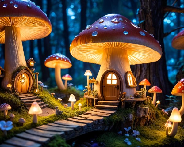 Whimsical Mushroom Houses in a Twilight Forest