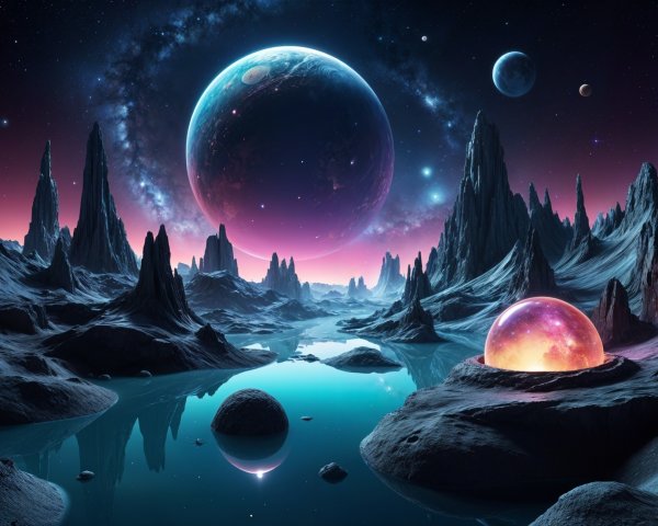 Surreal Alien Landscape with Mountains and Water