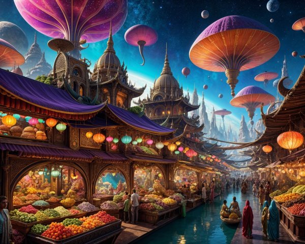 Vibrant Market Scene with Exotic Goods and Lanterns