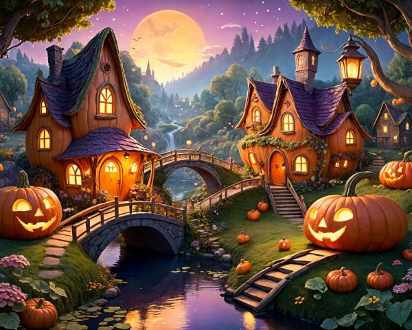 Whimsical Landscape with Cottages and Golden Moon