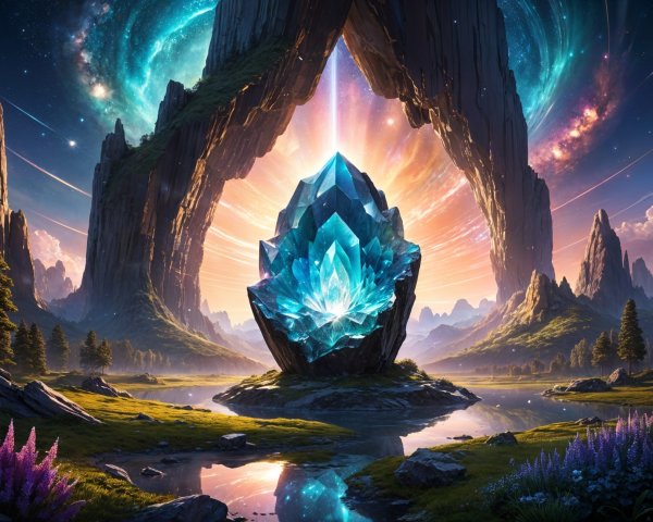 Majestic Crystal in Serene Landscape with Cosmic Sky