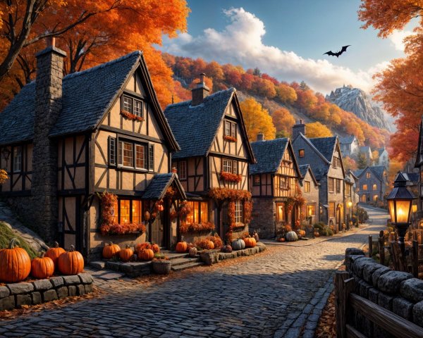 Autumn Village with Colorful Foliage and Timber Houses