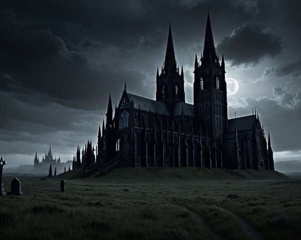 Gothic Cathedral Under Moonlit Sky with Grave Markers