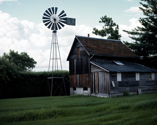 Rustic farmhouse with windmill in serene countryside