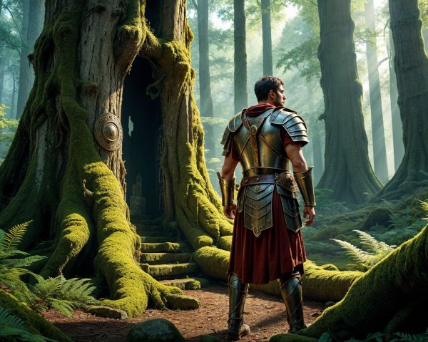 Heroic figure in ornate armor in ancient forest setting