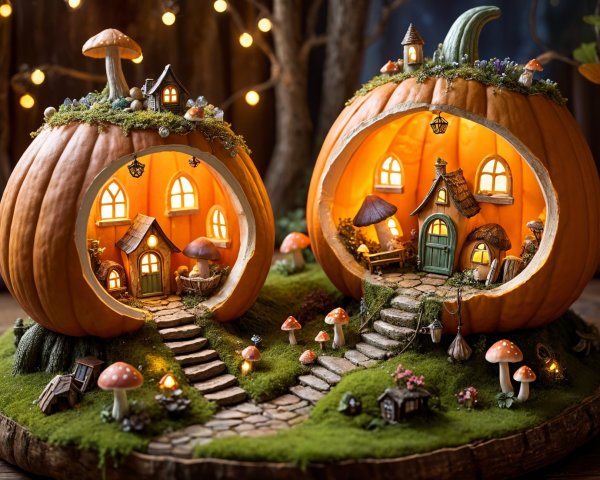 Whimsical Carved Pumpkins with Miniature Houses