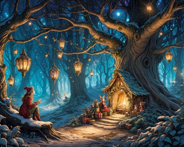 Cozy Cottage in a Snowy Mystical Forest Scene