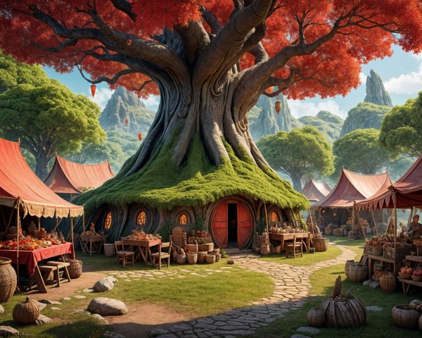 Vibrant Village with Colossal Tree and Marketplace