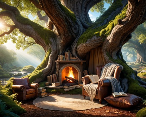 Cozy Reading Nook Inside an Ancient Tree