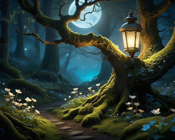 Forest Path at Night with Lantern and Fireflies