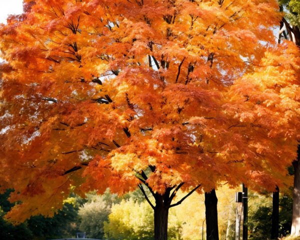 Vibrant Autumn Scene with Majestic Orange Tree