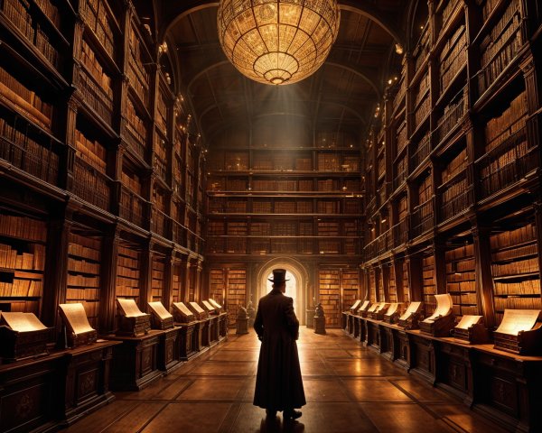 Dimly Lit Library with Ancient Books and Chandelier