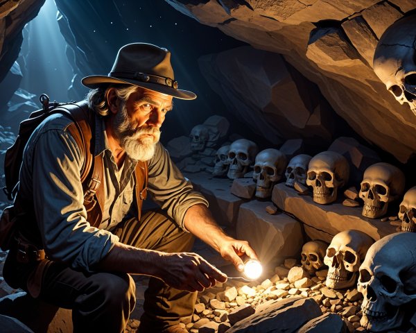 Adventurer Examines Skulls in Dimly Lit Cave