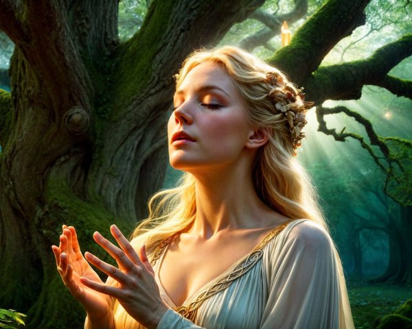 Serene figure in an enchanting forest setting