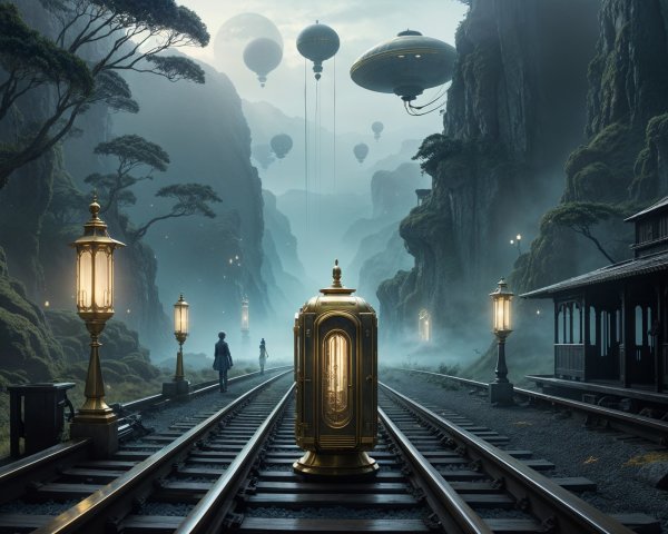 Mystical Landscape with Train Tracks and Airships
