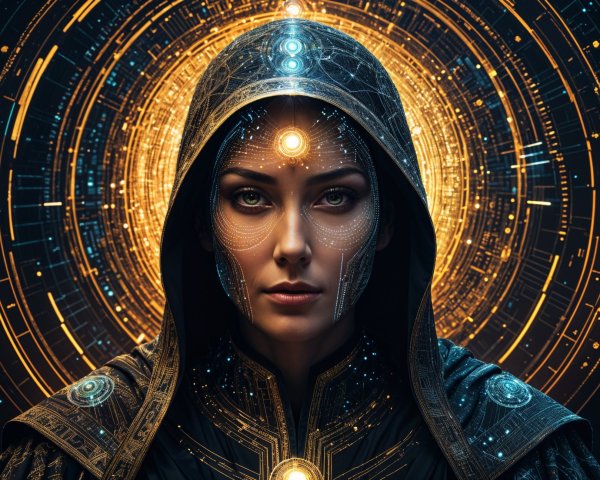 Mystic Figure in Cloak with Cosmic Energy Background