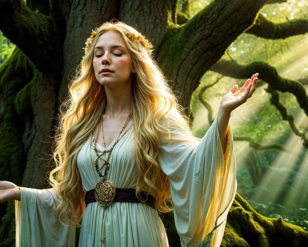 Mystical figure in serene forest with floral crown