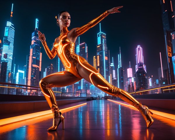 Futuristic Figure in Orange Bodysuit Amid Neon Skyscrapers