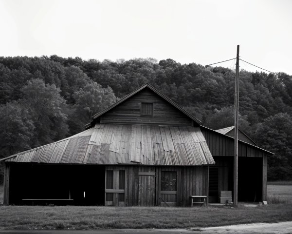 Weathered barn in rural landscape captured in black and white