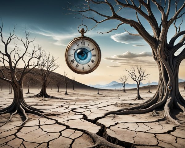 Surreal Landscape with Twisted Trees and Pocket Watch