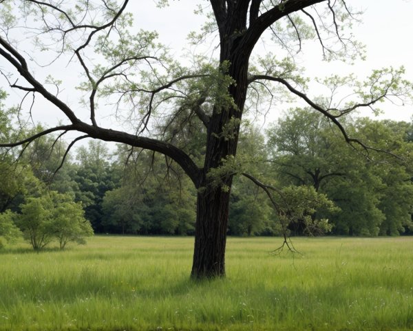 Lush Green Meadow with Majestic Tree and Overcast Sky