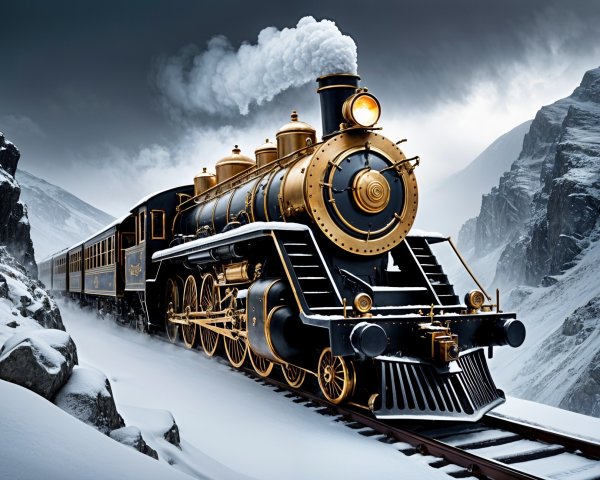 Steam Locomotive in Snowy Mountain Landscape