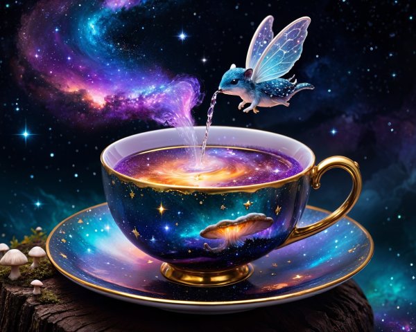 Ornate teacup with galaxy and fairy pouring light
