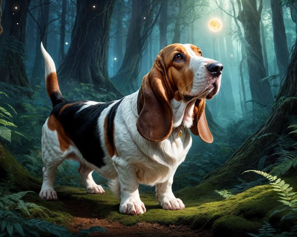 Basset Hound in Enchanted Forest with Glowing Orb