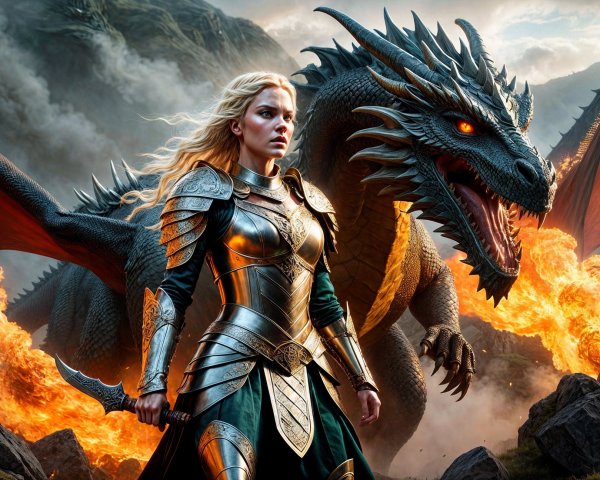 Fierce Warrior Woman with Dragon in Epic Fantasy Scene