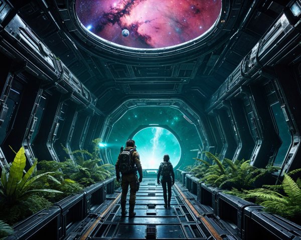 Futuristic Spaceship Corridor with Lush Greenery and Portal