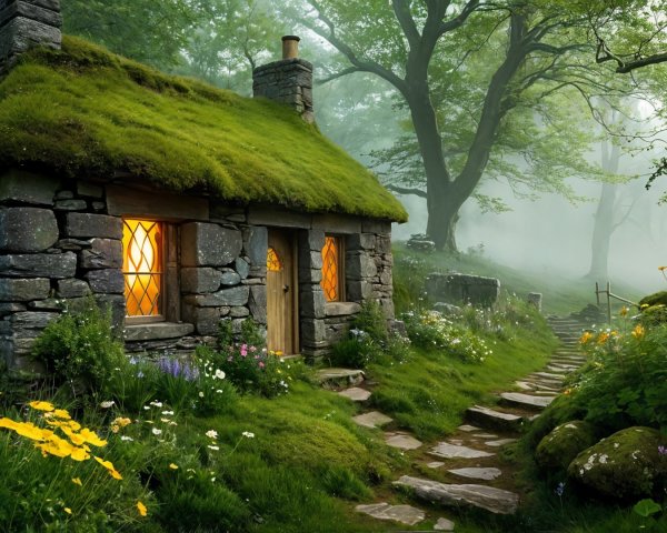 Stone Cottage in Foggy Landscape with Wildflowers
