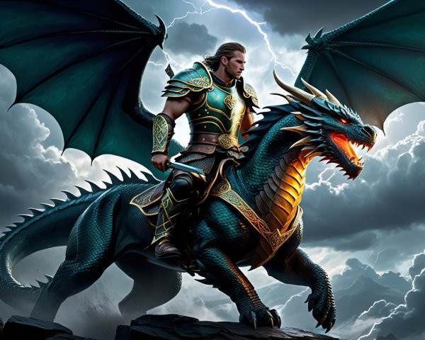Warrior on Dragon Amidst Stormy Fantasy Landscape