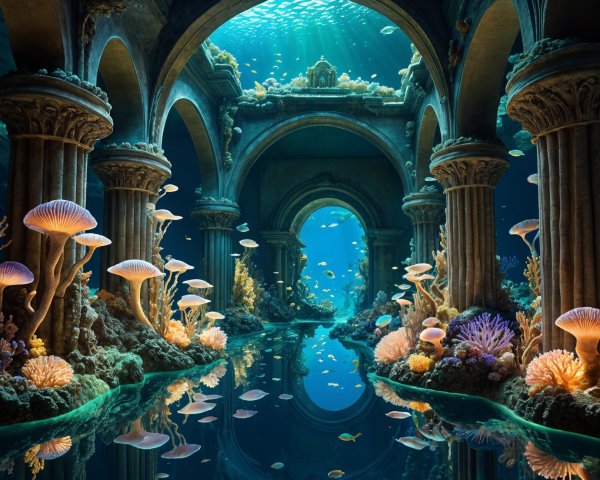 Underwater Ruins with Coral Reefs and Jellyfish