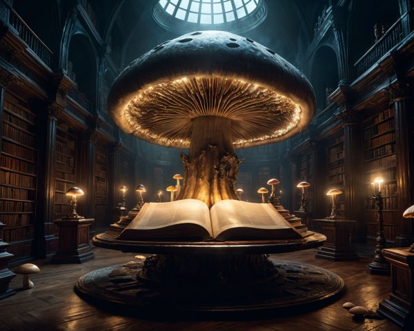 Colossal Mushroom in Enchanted Library Setting