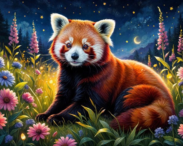 Red panda in colorful flowers under a starry night