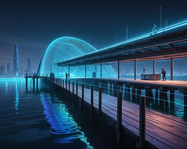 Futuristic Nighttime Waterfront with Neon Lights and Dome