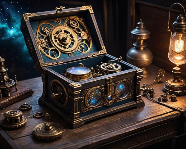 Steampunk Music Box with Gears and Celestial Dial