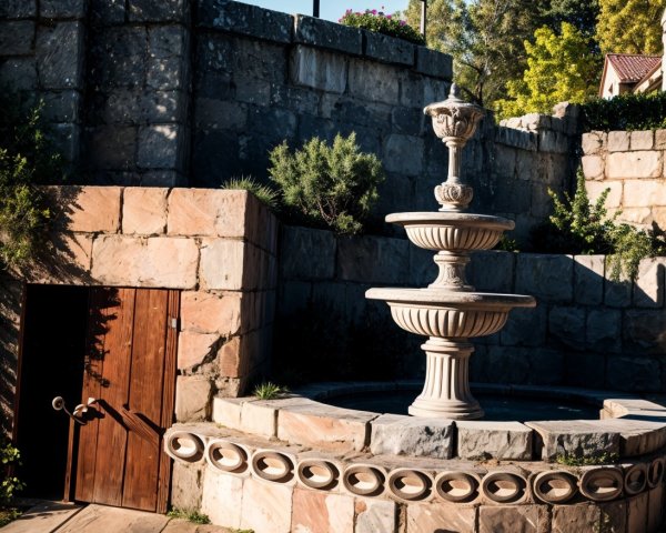 Two-Tier Stone Fountain in Serene Outdoor Setting