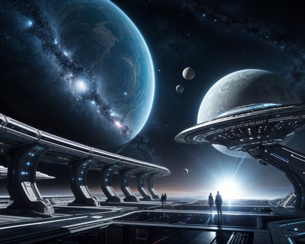 Futuristic space station with metallic architecture in space
