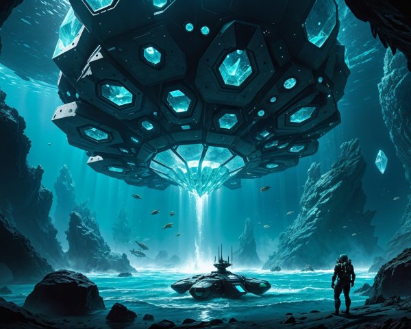 Futuristic Underwater Scene with Hexagonal Spaceship
