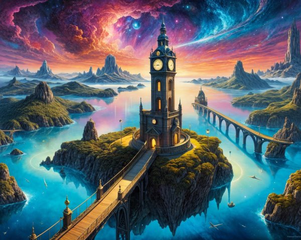 Fantastical Island Landscape with Clock Tower and Bridges