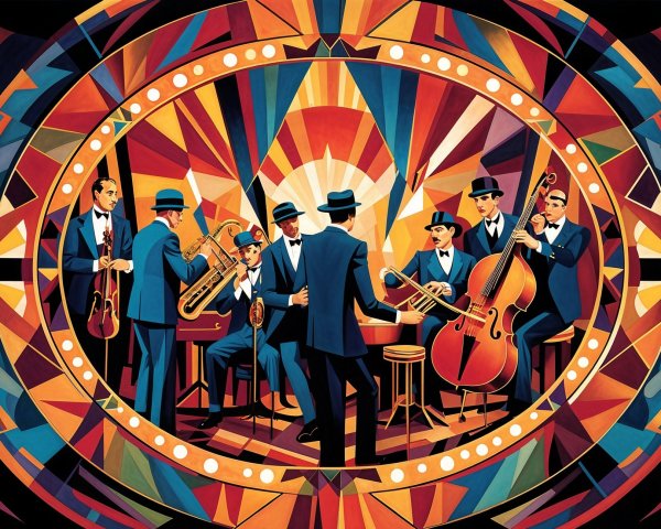Jazz Band Performance in Colorful Geometric Setting