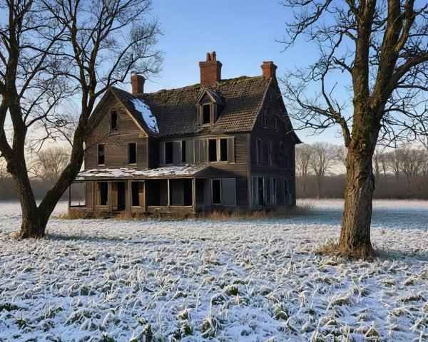 Haunted Three-Story House in Snowy Landscape