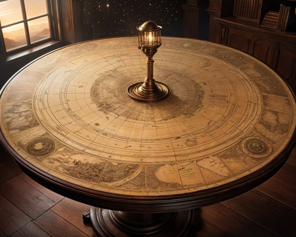 Wooden Table with Celestial Map and Cozy Room Setting