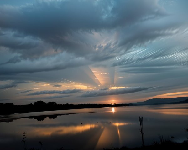 Serene Sunset Landscape with Calm Lake Reflection